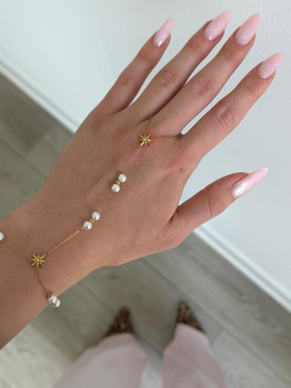 Sku0662‎ Gold ring chain bracelet white pearls charm stars Stainless steel